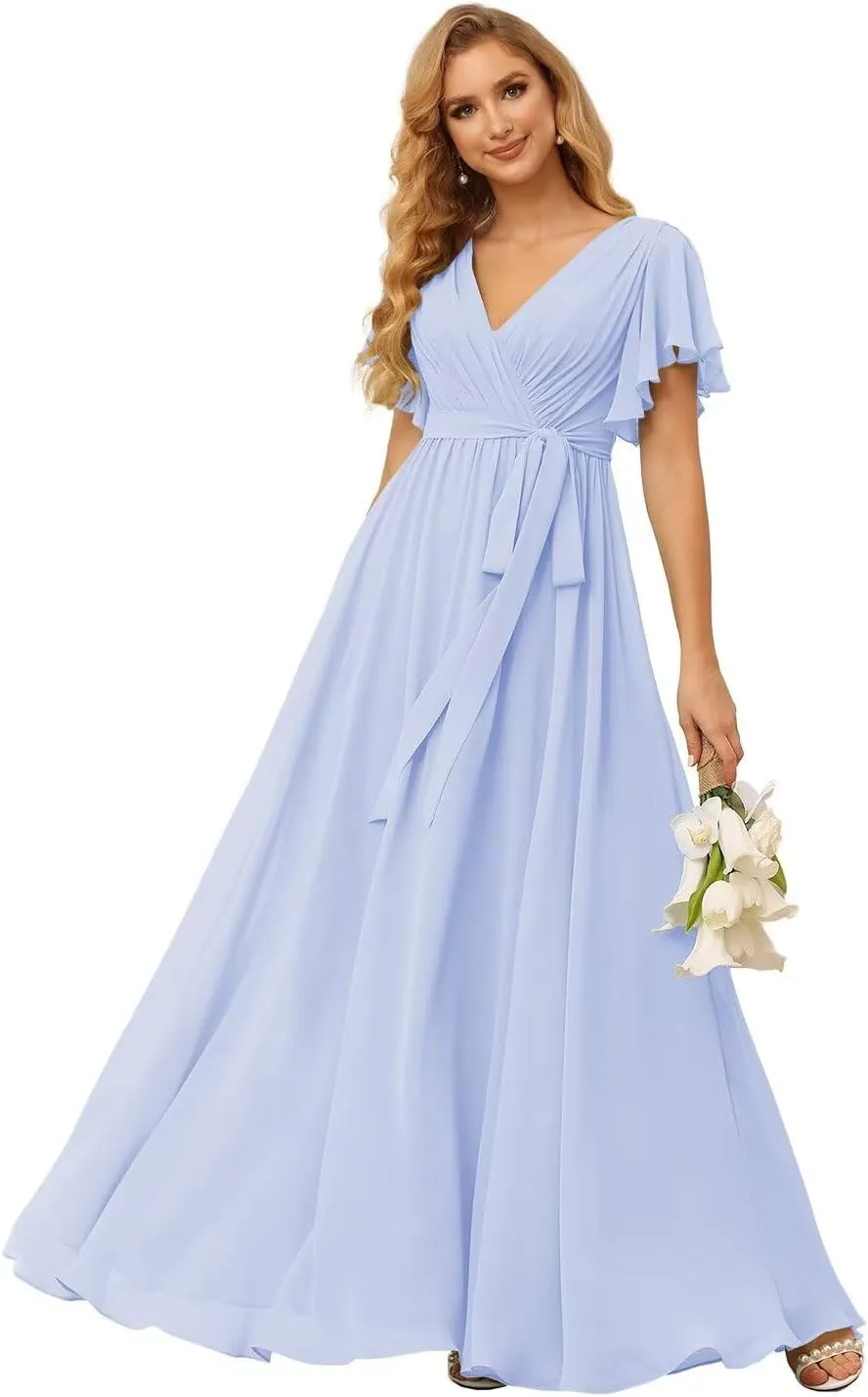 SEIM Women's Flutter Sleeve Bridesmaid Dresses Long V Neck Chiffon Formal Dresses with Pockets SE101