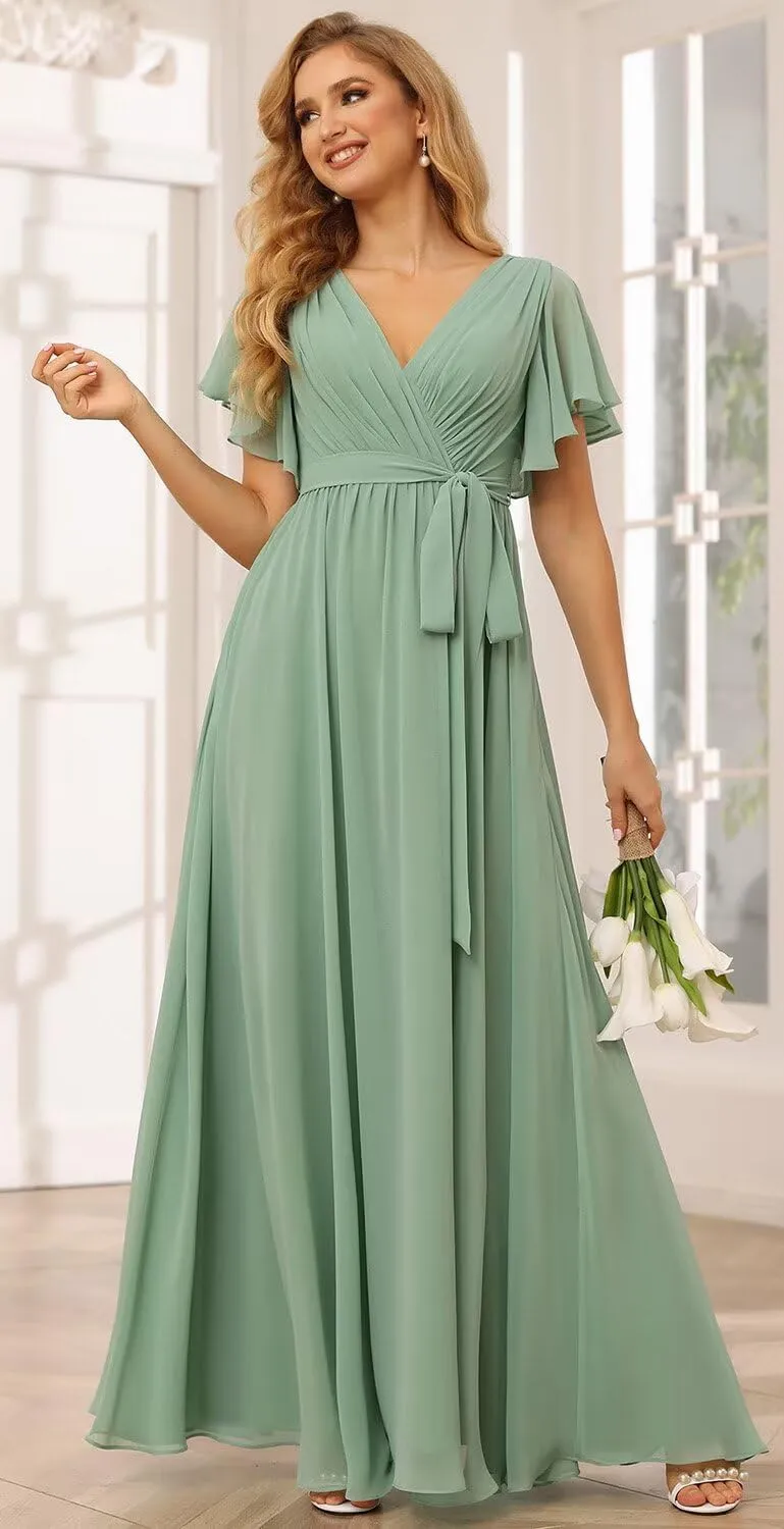 SEIM Women's Flutter Sleeve Bridesmaid Dresses Long V Neck Chiffon Formal Dresses with Pockets SE101
