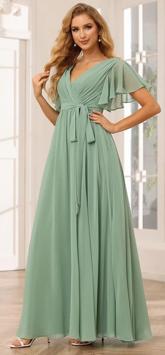 SEIM Women's Flutter Sleeve Bridesmaid Dresses Long V Neck Chiffon Formal Dresses with Pockets SE101