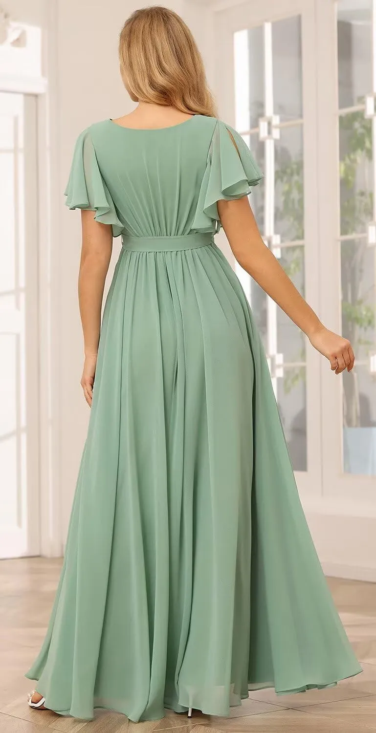 SEIM Women's Flutter Sleeve Bridesmaid Dresses Long V Neck Chiffon Formal Dresses with Pockets SE101