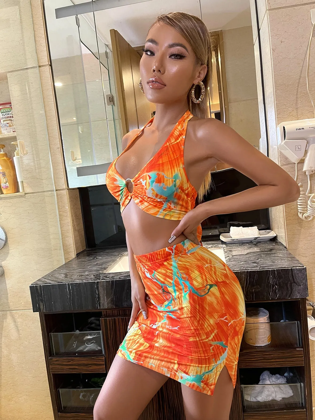 Sexy All Over Print Tie Back Sleeveless Halter Women Two-Piece Outfits
