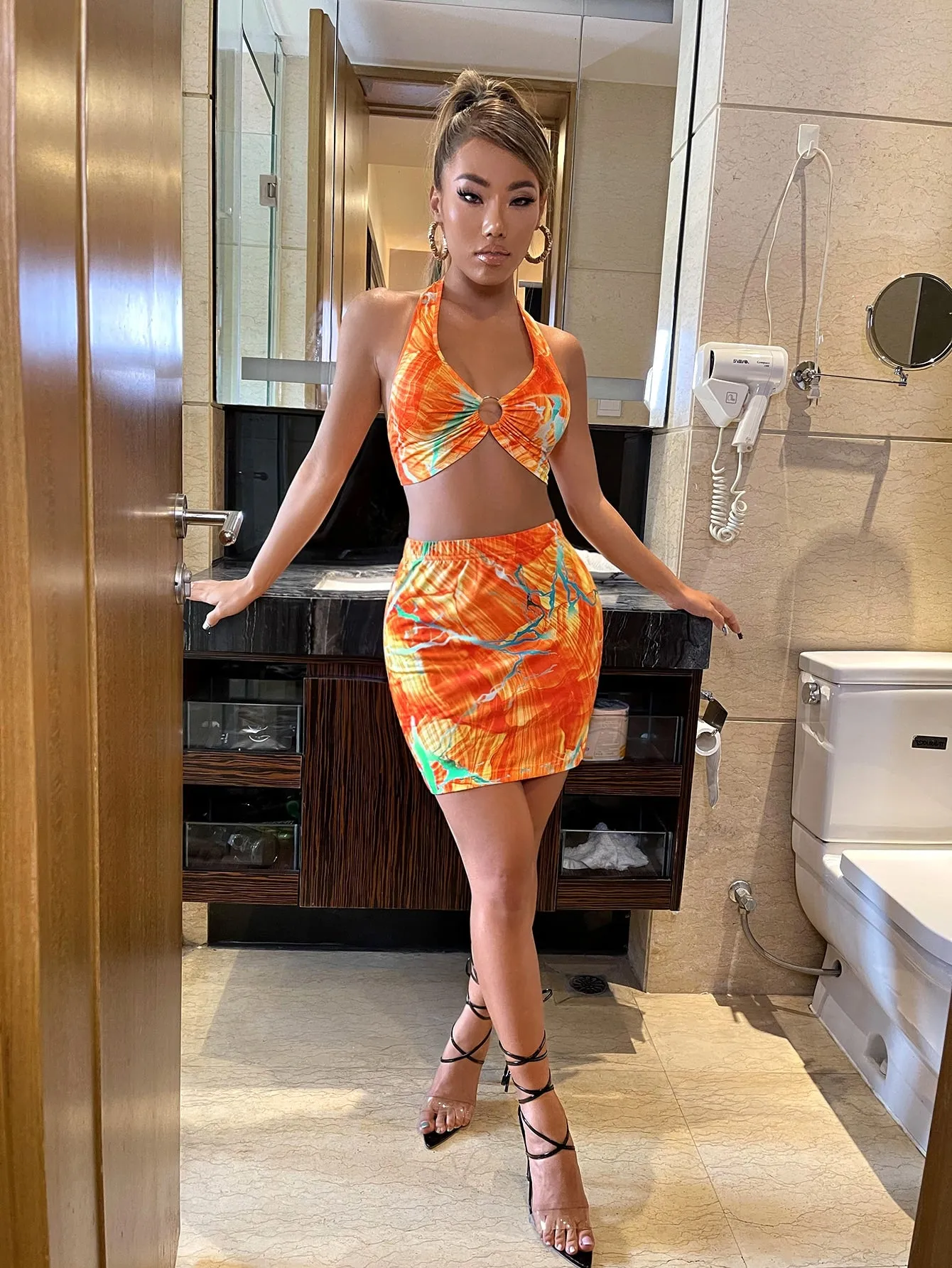 Sexy All Over Print Tie Back Sleeveless Halter Women Two-Piece Outfits