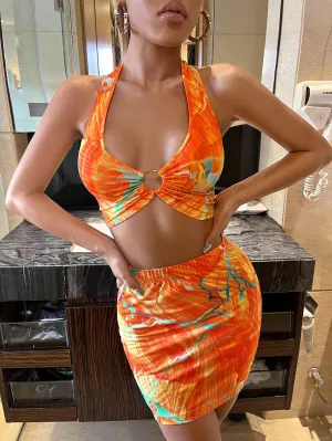 Sexy All Over Print Tie Back Sleeveless Halter Women Two-Piece Outfits