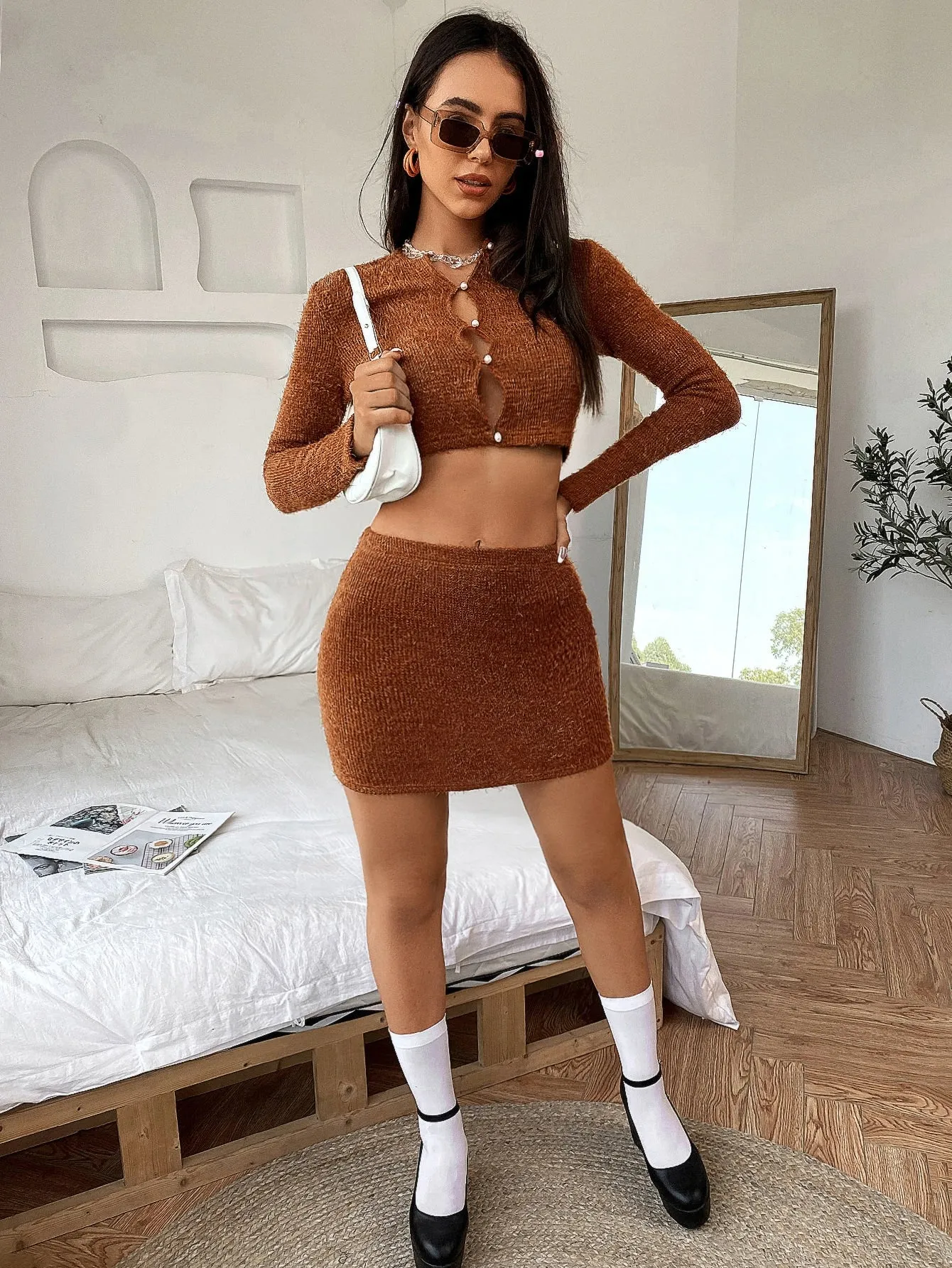 Sexy Plain Button Front Long Sleeve Women Two-Piece Outfits