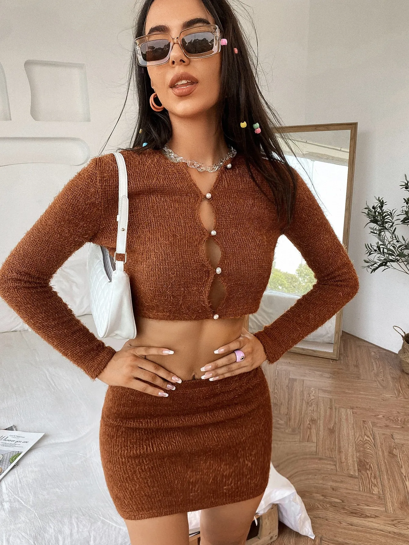 Sexy Plain Button Front Long Sleeve Women Two-Piece Outfits