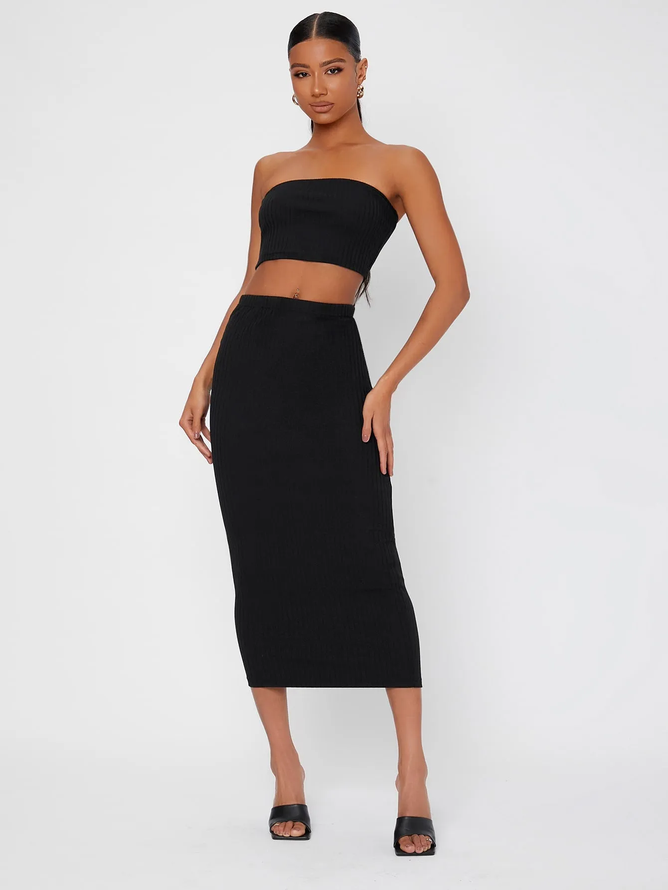 Sexy Plain Rib-Knit Sleeveless Strapless Women Two-Piece Outfits
