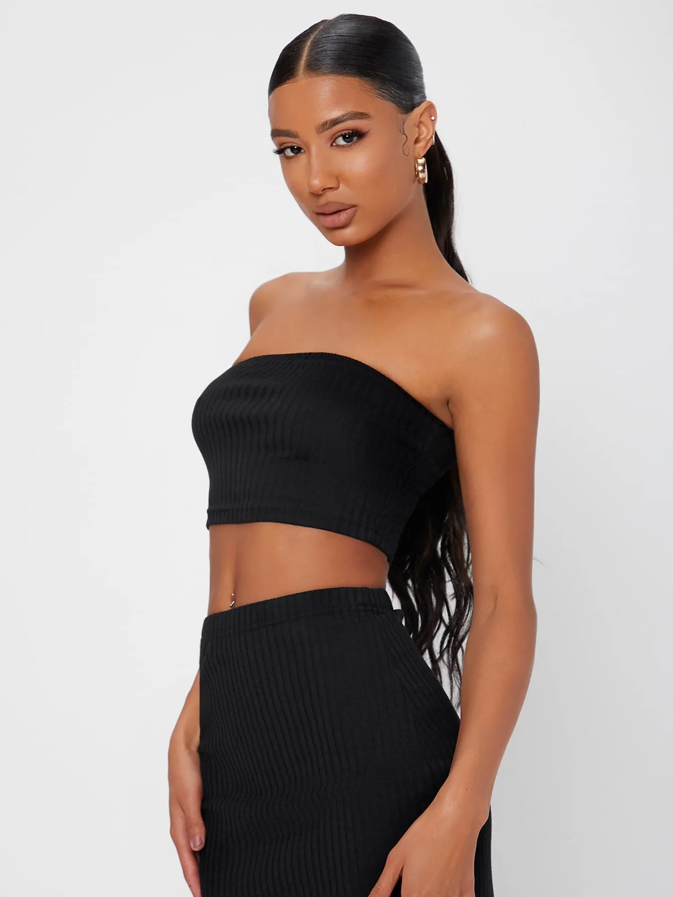 Sexy Plain Rib-Knit Sleeveless Strapless Women Two-Piece Outfits