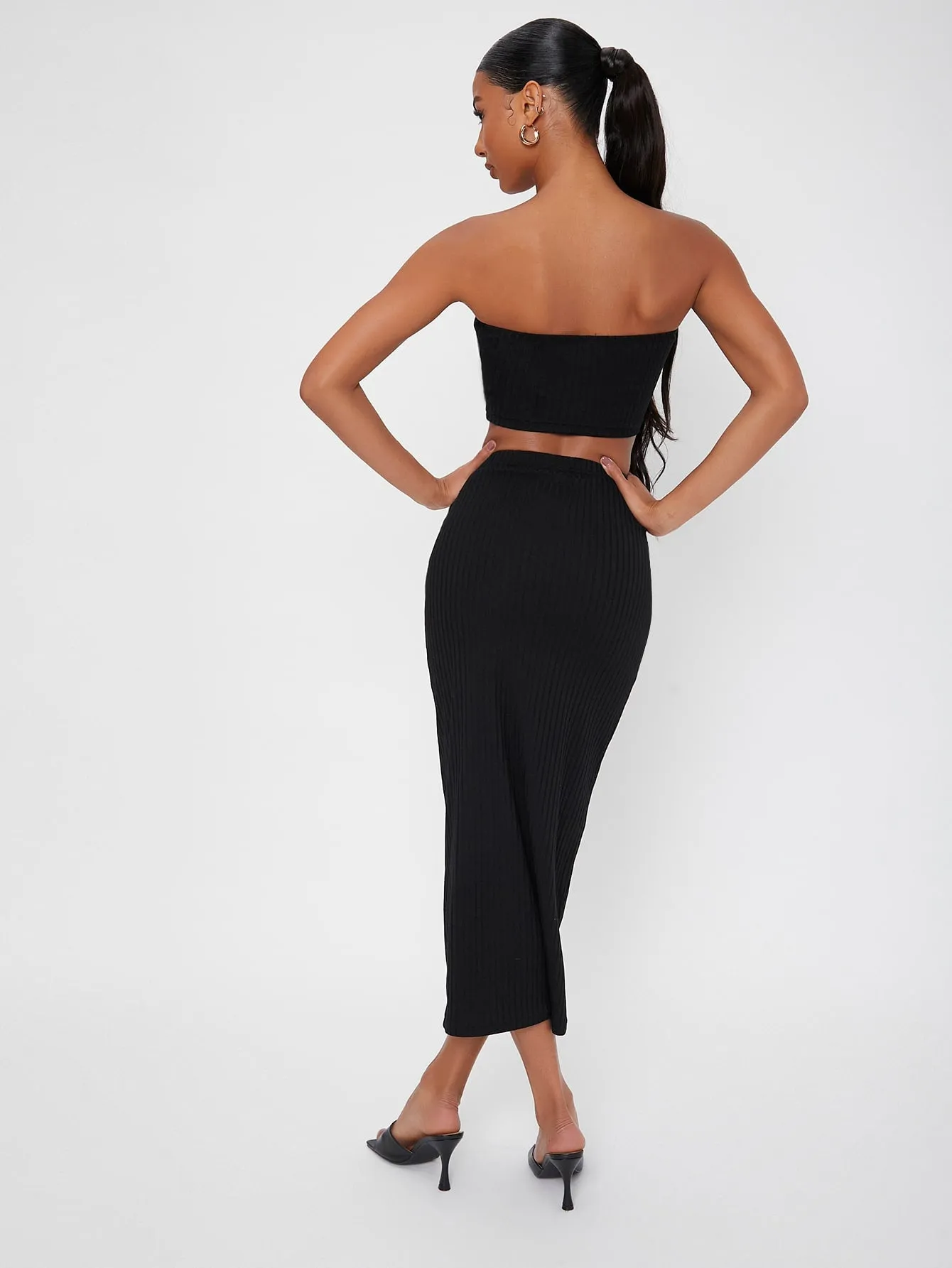Sexy Plain Rib-Knit Sleeveless Strapless Women Two-Piece Outfits