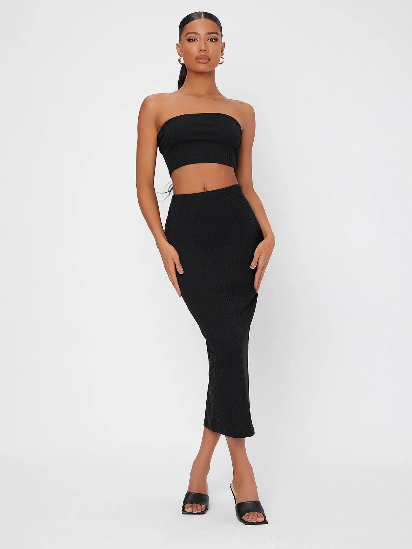 Sexy Plain Rib-Knit Sleeveless Strapless Women Two-Piece Outfits