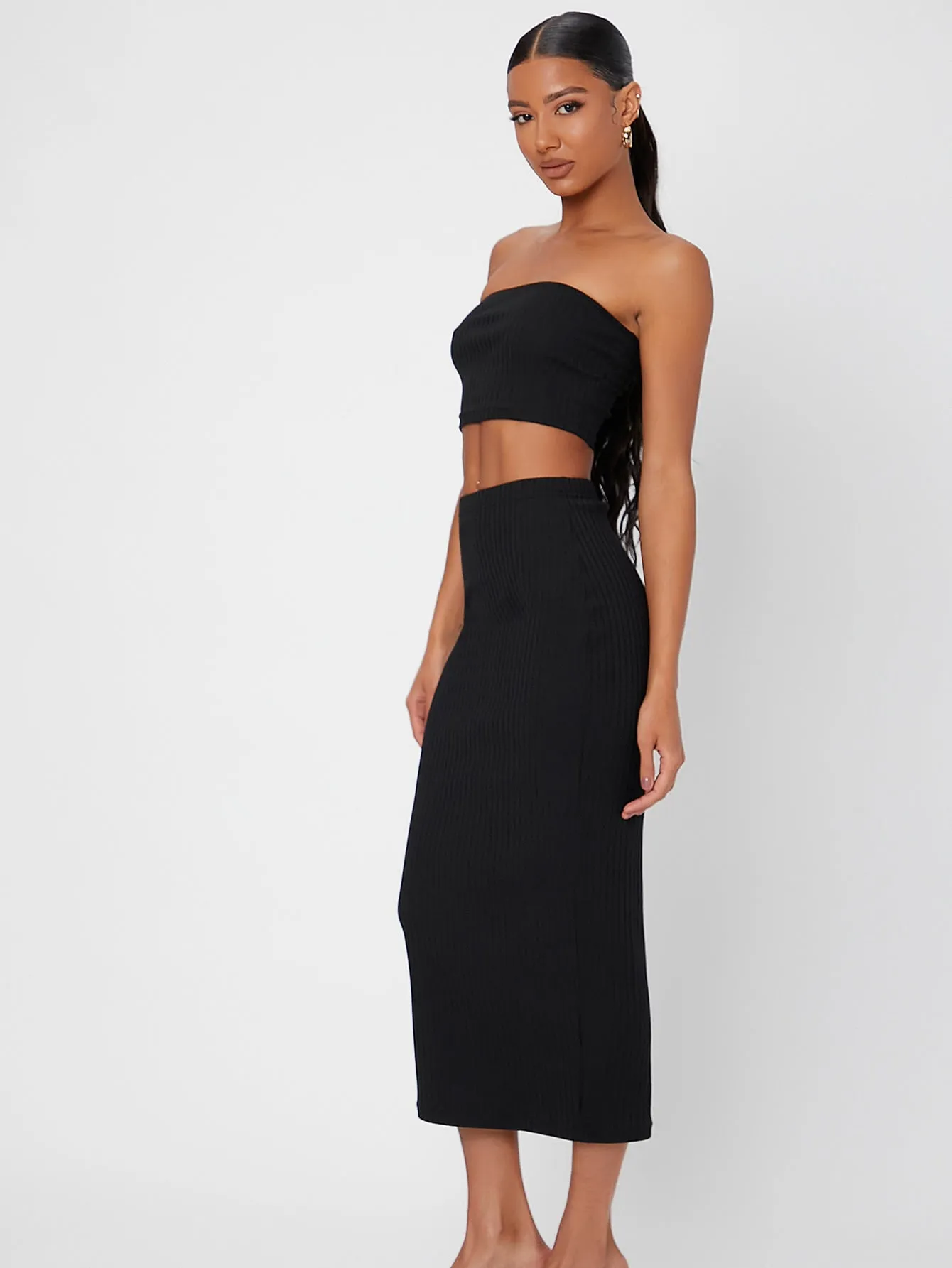 Sexy Plain Rib-Knit Sleeveless Strapless Women Two-Piece Outfits