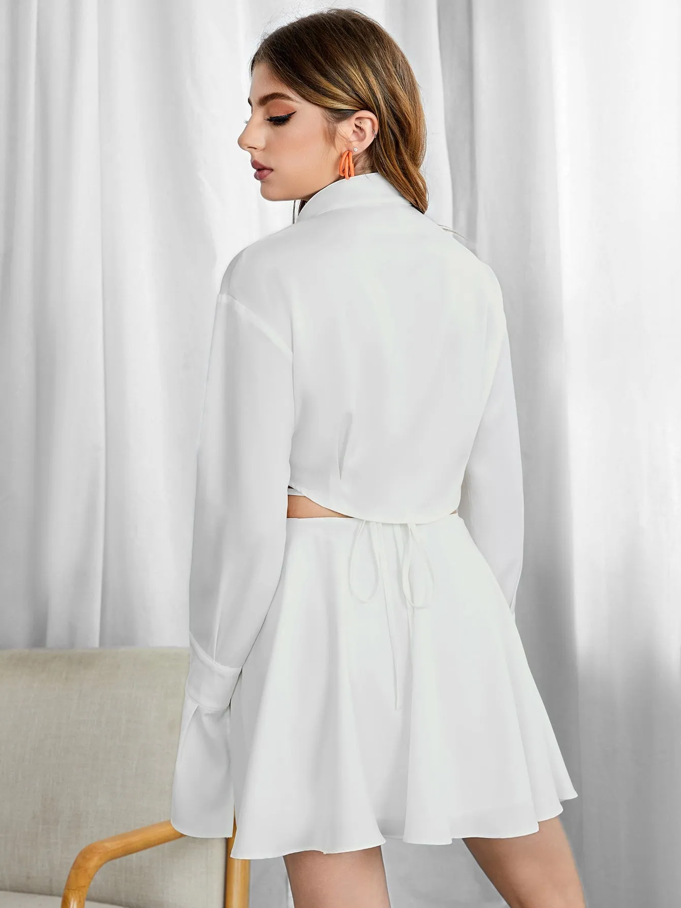 Sexy Plain Tie Back Long Sleeve Collar Women Two-Piece Outfits