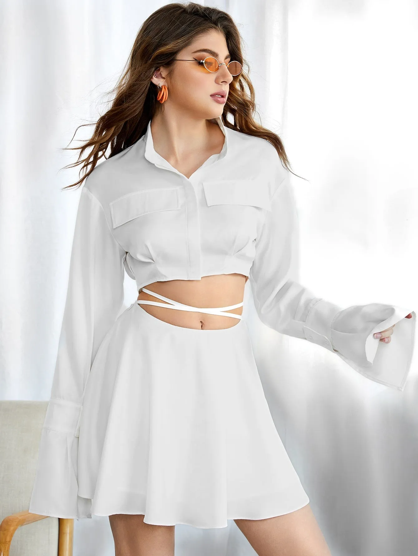 Sexy Plain Tie Back Long Sleeve Collar Women Two-Piece Outfits