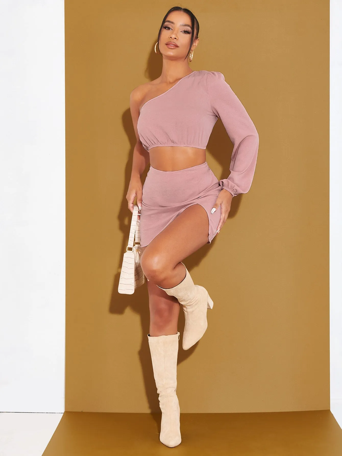 Sexy Plain Zipper Long Sleeve One Shoulder Women Two-Piece Outfits