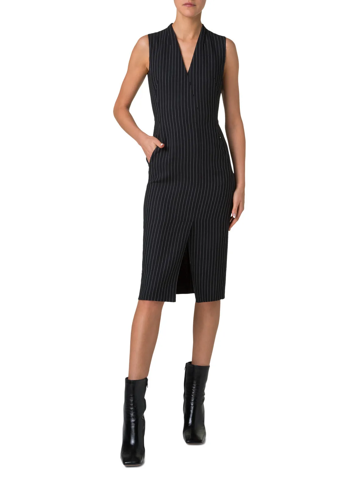 Sheath Dress in Wool Double-Face with Pinstripes