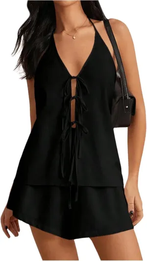 SHENHE Women's Sexy 2 Piece Outfits Linen Set Backless Halter Neck Tie Front Vest and Shorts Y2k Set