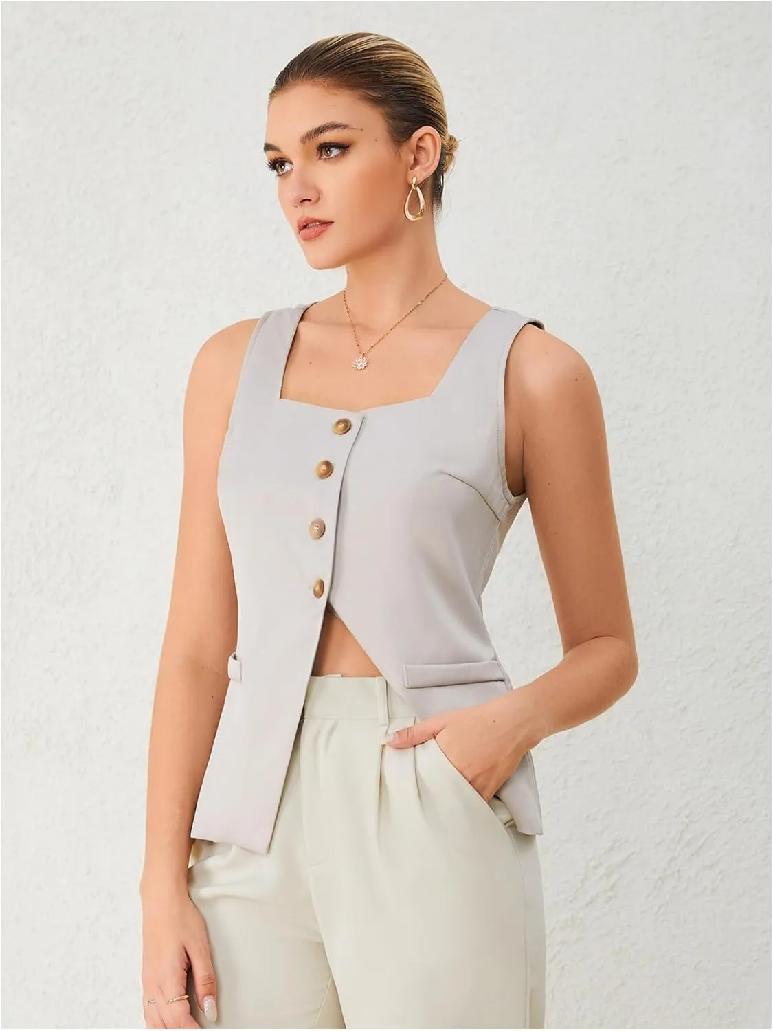 SHENHE Women's Sleeveless Long Vest Button Up Square Neck Fitted Blazer Vest Waistcoat with Pockets