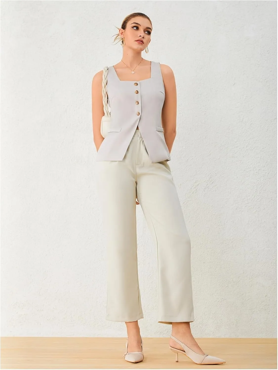SHENHE Women's Sleeveless Long Vest Button Up Square Neck Fitted Blazer Vest Waistcoat with Pockets
