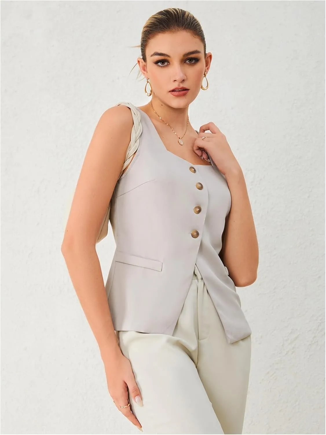 SHENHE Women's Sleeveless Long Vest Button Up Square Neck Fitted Blazer Vest Waistcoat with Pockets