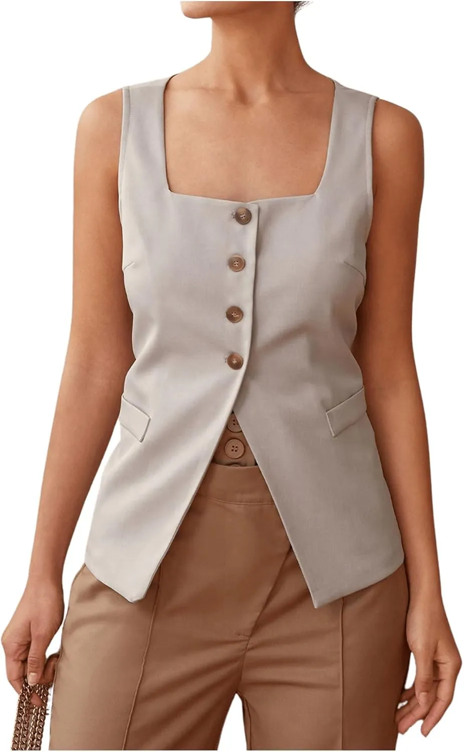 SHENHE Women's Sleeveless Long Vest Button Up Square Neck Fitted Blazer Vest Waistcoat with Pockets