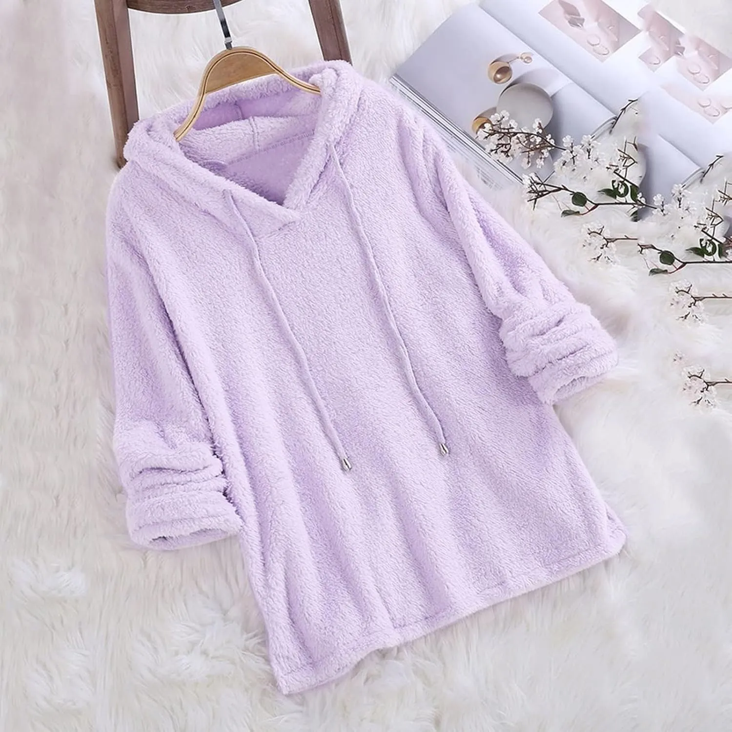 Sherpa Hoodies for Women Oversized Long Sleeve Fuzzy Fleece Sweatshirt Winter Warm Pullover Sweater Pajama Tops