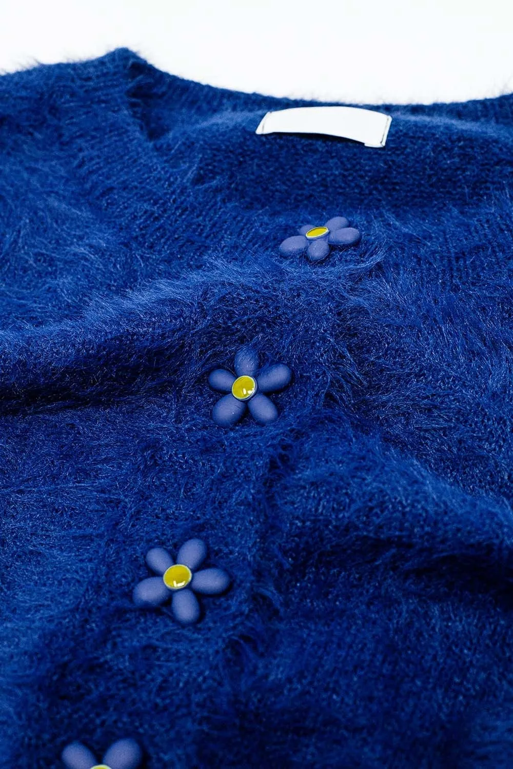 Short And Fluffy Navy Cardigan With Flower Buttons