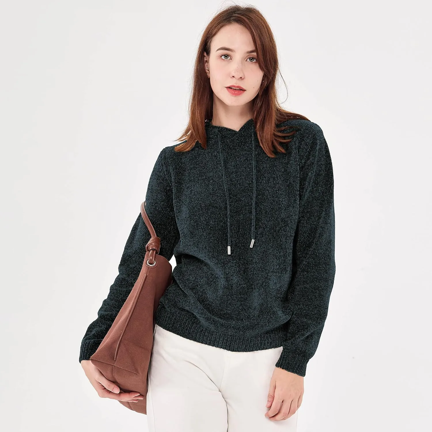 Simple&Opulence Women's Chenille Sweater Drawstring Hooded Long Sleeve Pullover Ribbed Cuff Hem Jumper Tops