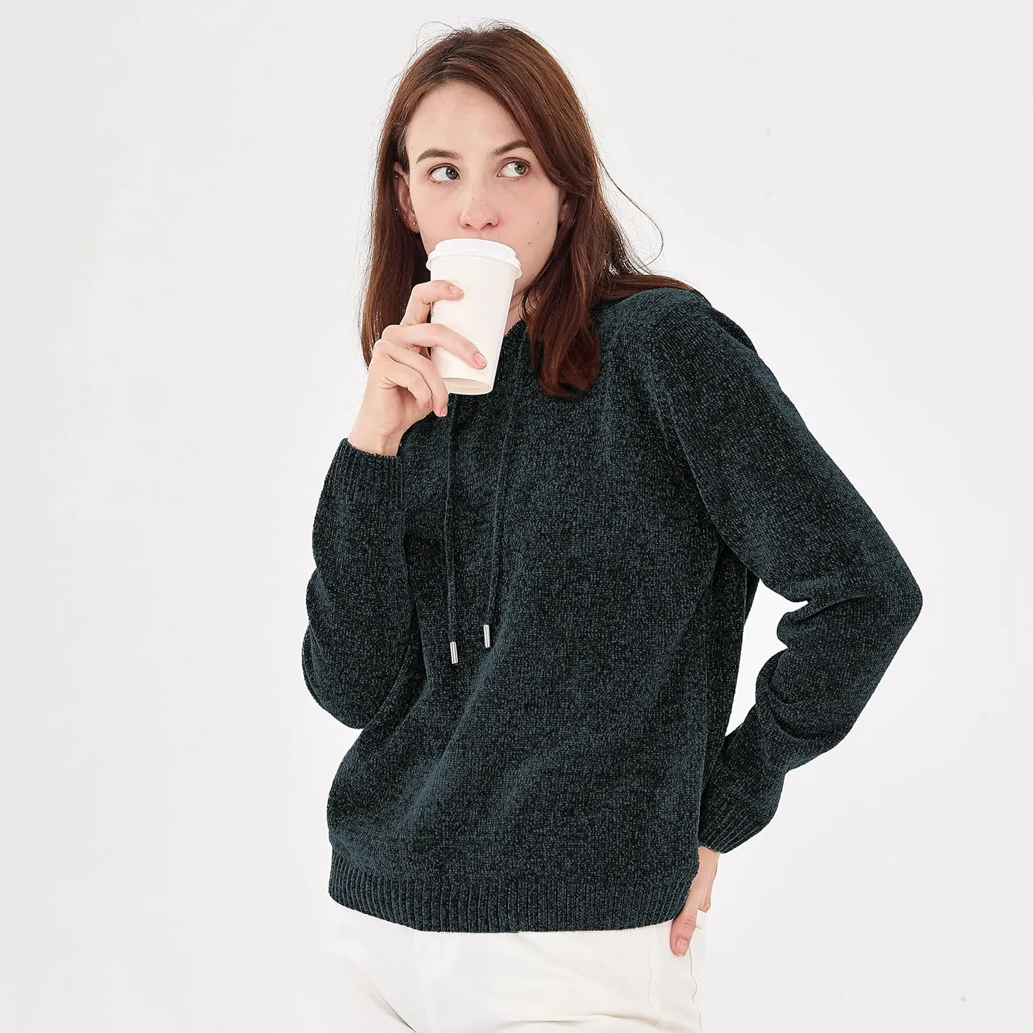 Simple&Opulence Women's Chenille Sweater Drawstring Hooded Long Sleeve Pullover Ribbed Cuff Hem Jumper Tops