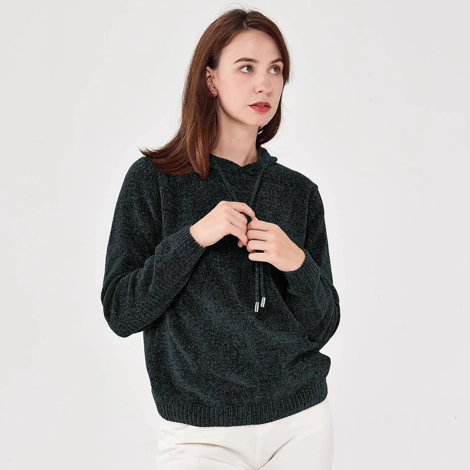 Simple&Opulence Women's Chenille Sweater Drawstring Hooded Long Sleeve Pullover Ribbed Cuff Hem Jumper Tops