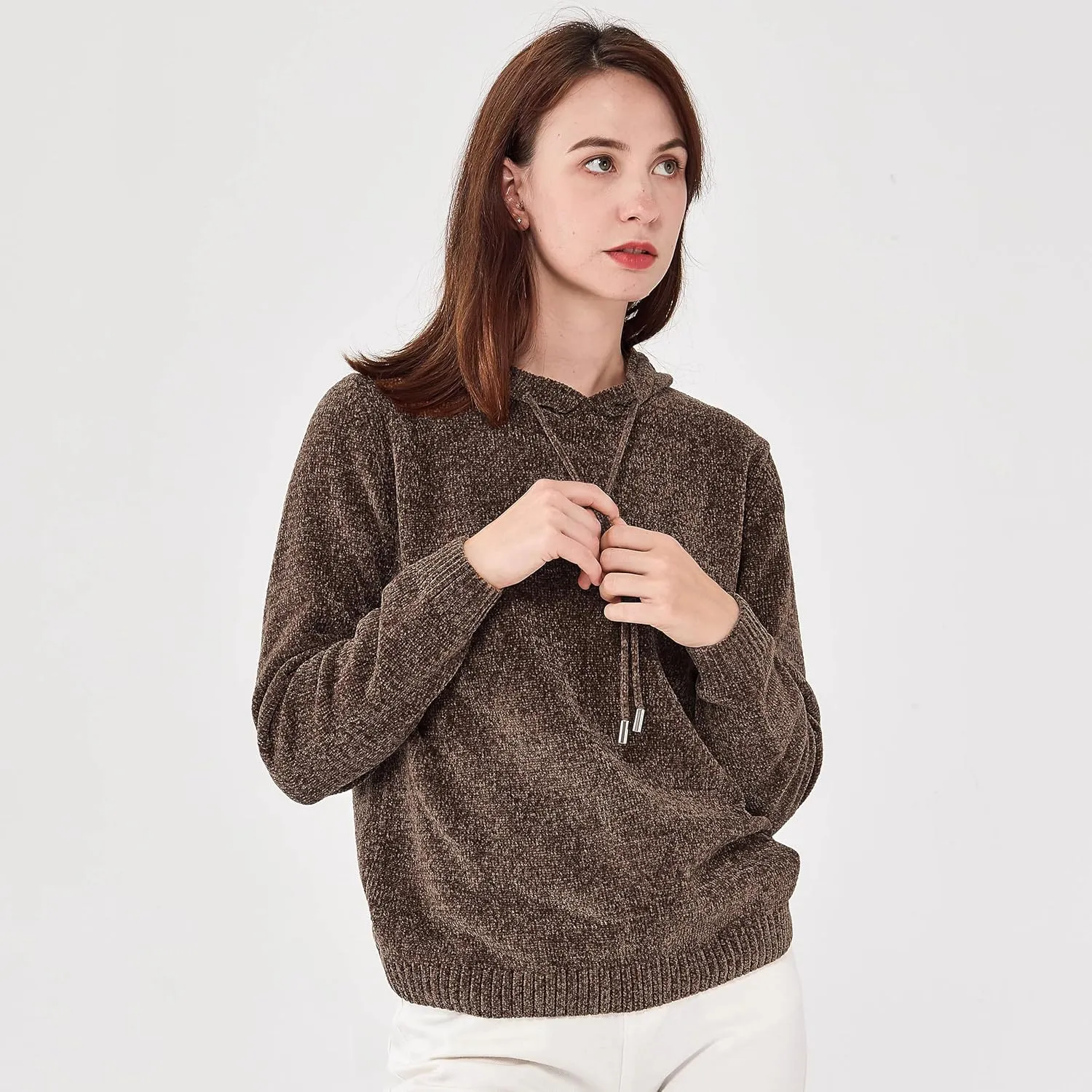 Simple&Opulence Women's Chenille Sweater Drawstring Hooded Long Sleeve Pullover Ribbed Cuff Hem Jumper Tops
