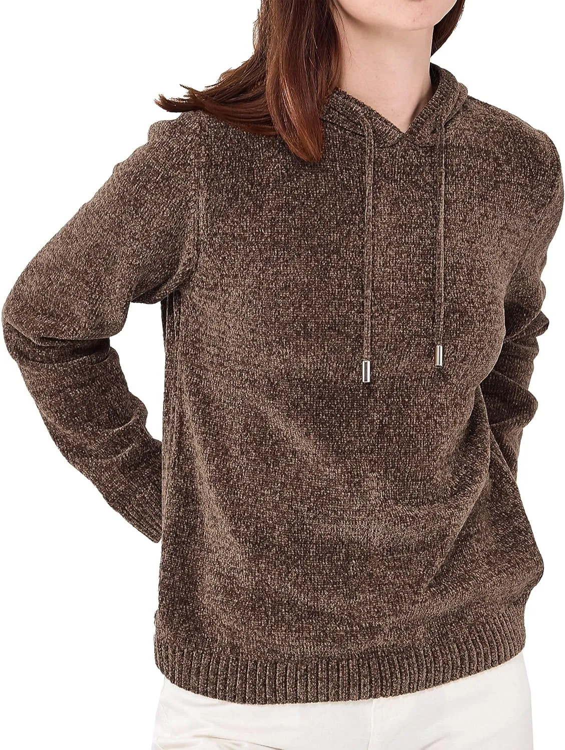 Simple&Opulence Women's Chenille Sweater Drawstring Hooded Long Sleeve Pullover Ribbed Cuff Hem Jumper Tops