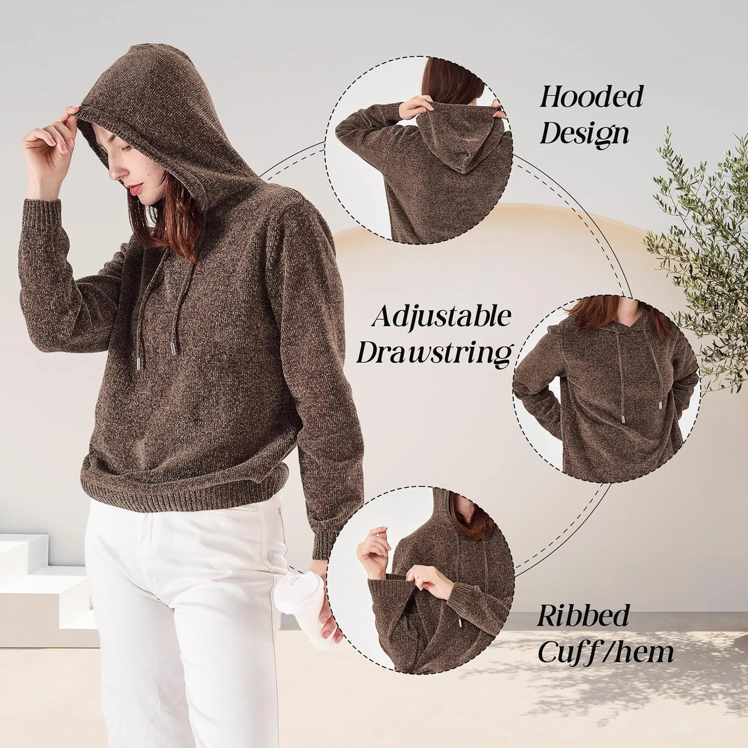 Simple&Opulence Women's Chenille Sweater Drawstring Hooded Long Sleeve Pullover Ribbed Cuff Hem Jumper Tops