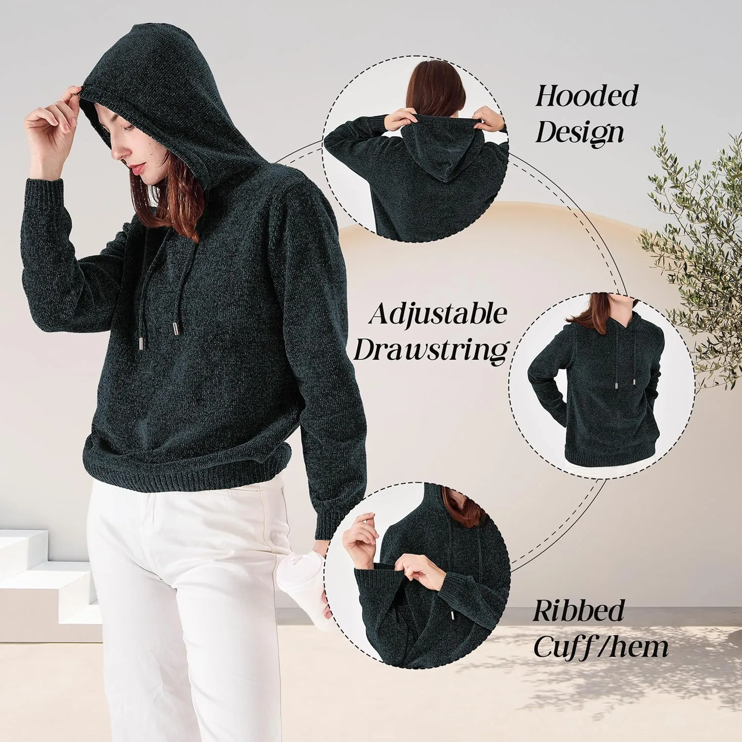 Simple&Opulence Women's Chenille Sweater Drawstring Hooded Long Sleeve Pullover Ribbed Cuff Hem Jumper Tops
