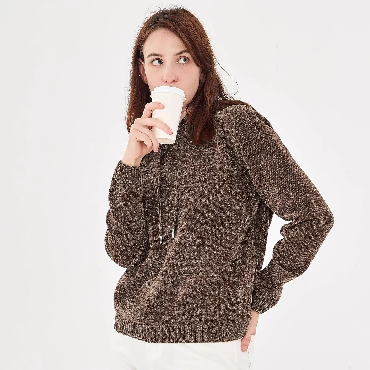 Simple&Opulence Women's Chenille Sweater Drawstring Hooded Long Sleeve Pullover Ribbed Cuff Hem Jumper Tops