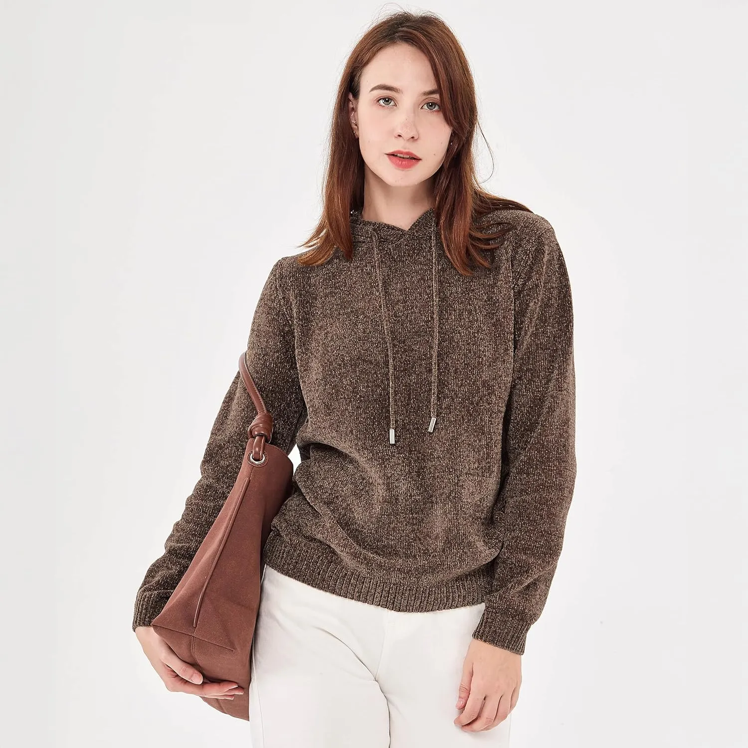 Simple&Opulence Women's Chenille Sweater Drawstring Hooded Long Sleeve Pullover Ribbed Cuff Hem Jumper Tops