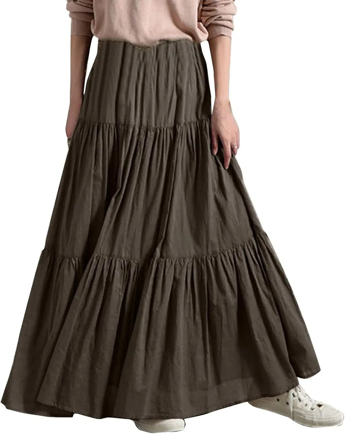 Skirted Toilet Women's Spring/Summer Casual High Waist Linen Solid Pleated Loose Swing Half Length Skirt Skirt