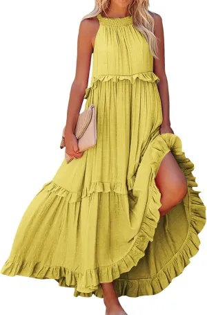Smocked Halter Maxi Dress for Women Elegant Loose Flowy Tiered Ruffle Dress Summer Swing Tie Back Beach Dresses
