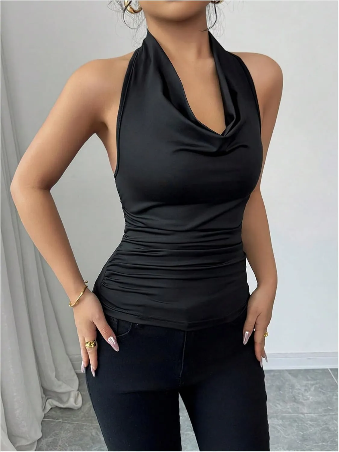 SOLY HUX Women's Elegant 3D Floral Cowl Neck Halter Tops Slim Fitted Vest Summer Tank Shirts
