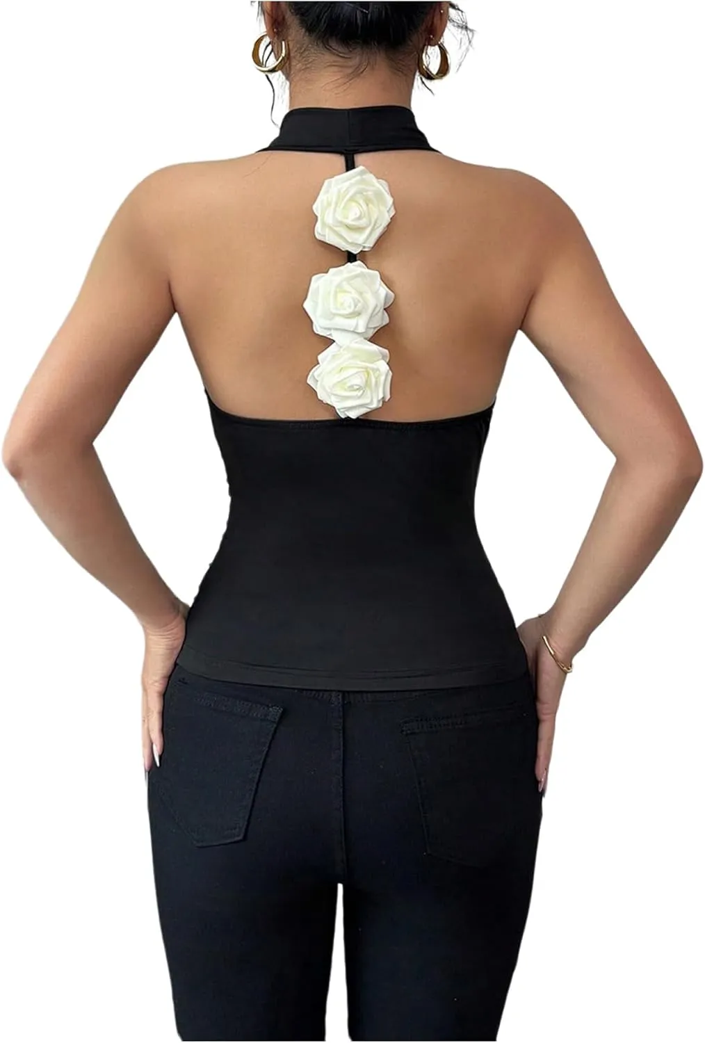 SOLY HUX Women's Elegant 3D Floral Cowl Neck Halter Tops Slim Fitted Vest Summer Tank Shirts
