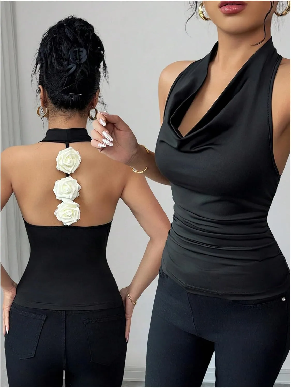 SOLY HUX Women's Elegant 3D Floral Cowl Neck Halter Tops Slim Fitted Vest Summer Tank Shirts