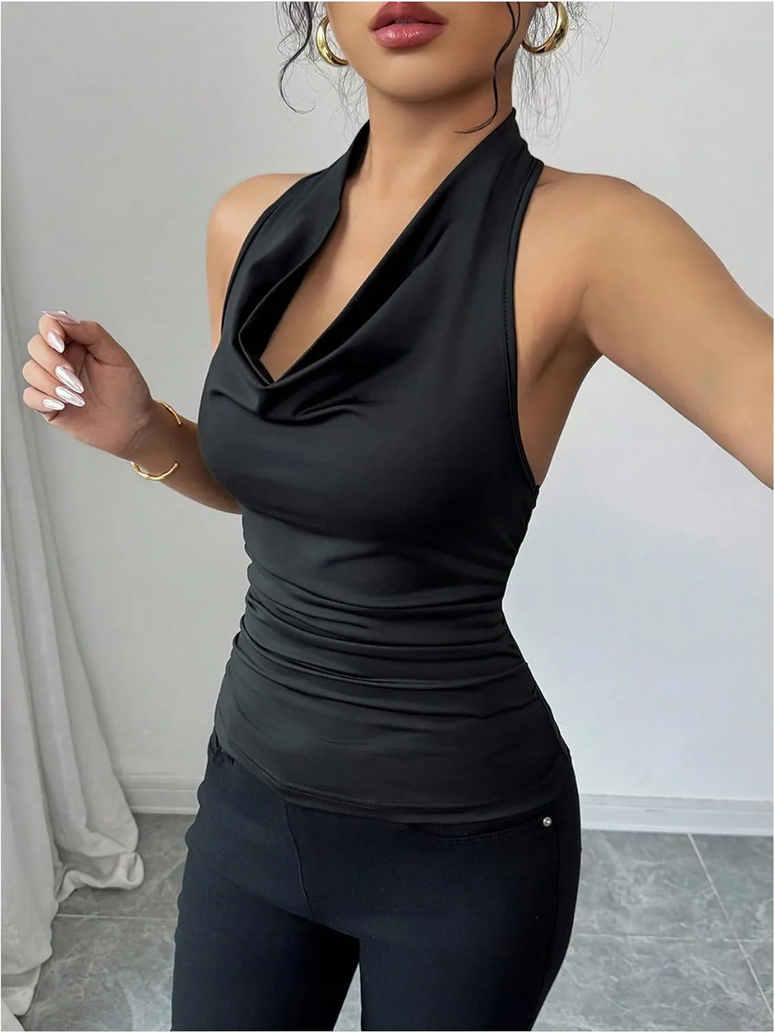 SOLY HUX Women's Elegant 3D Floral Cowl Neck Halter Tops Slim Fitted Vest Summer Tank Shirts