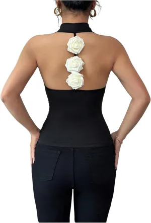 SOLY HUX Women's Elegant 3D Floral Cowl Neck Halter Tops Slim Fitted Vest Summer Tank Shirts