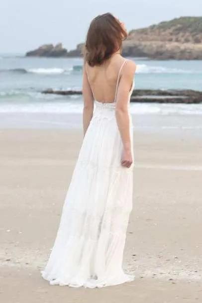 Spaghetti Sleeveless Chiffon Beach Boho Wedding Dress-715056
