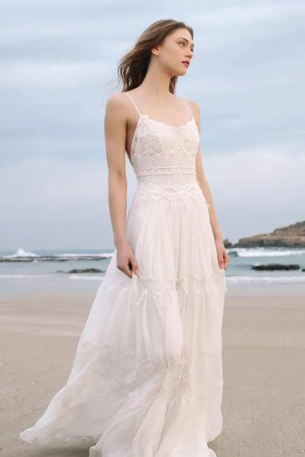 Spaghetti Sleeveless Chiffon Beach Boho Wedding Dress-715056