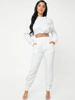 Sporty Plain Pocket Long Sleeve Round Neck Women Two-Piece Outfits