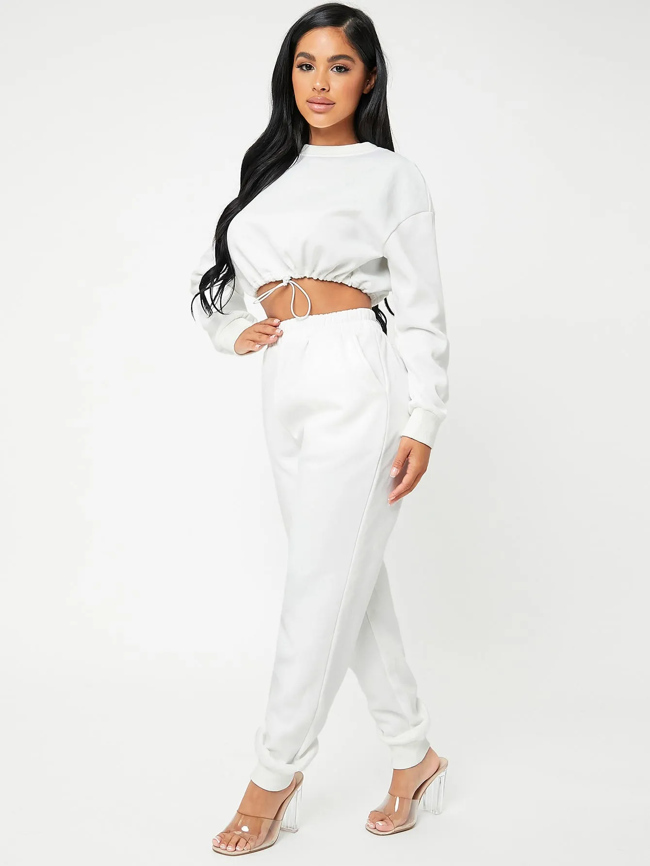 Sporty Plain Pocket Long Sleeve Round Neck Women Two-Piece Outfits