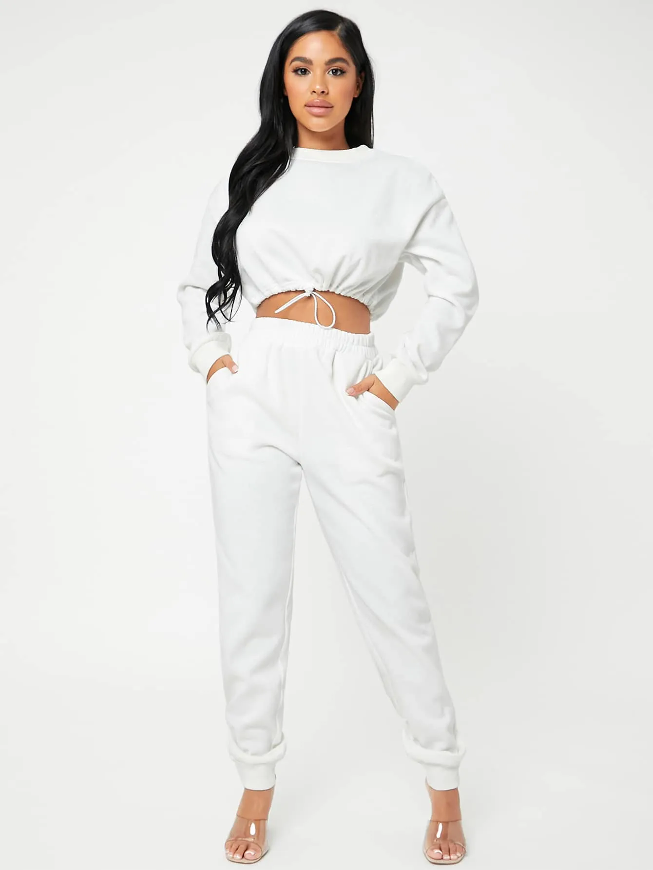Sporty Plain Pocket Long Sleeve Round Neck Women Two-Piece Outfits