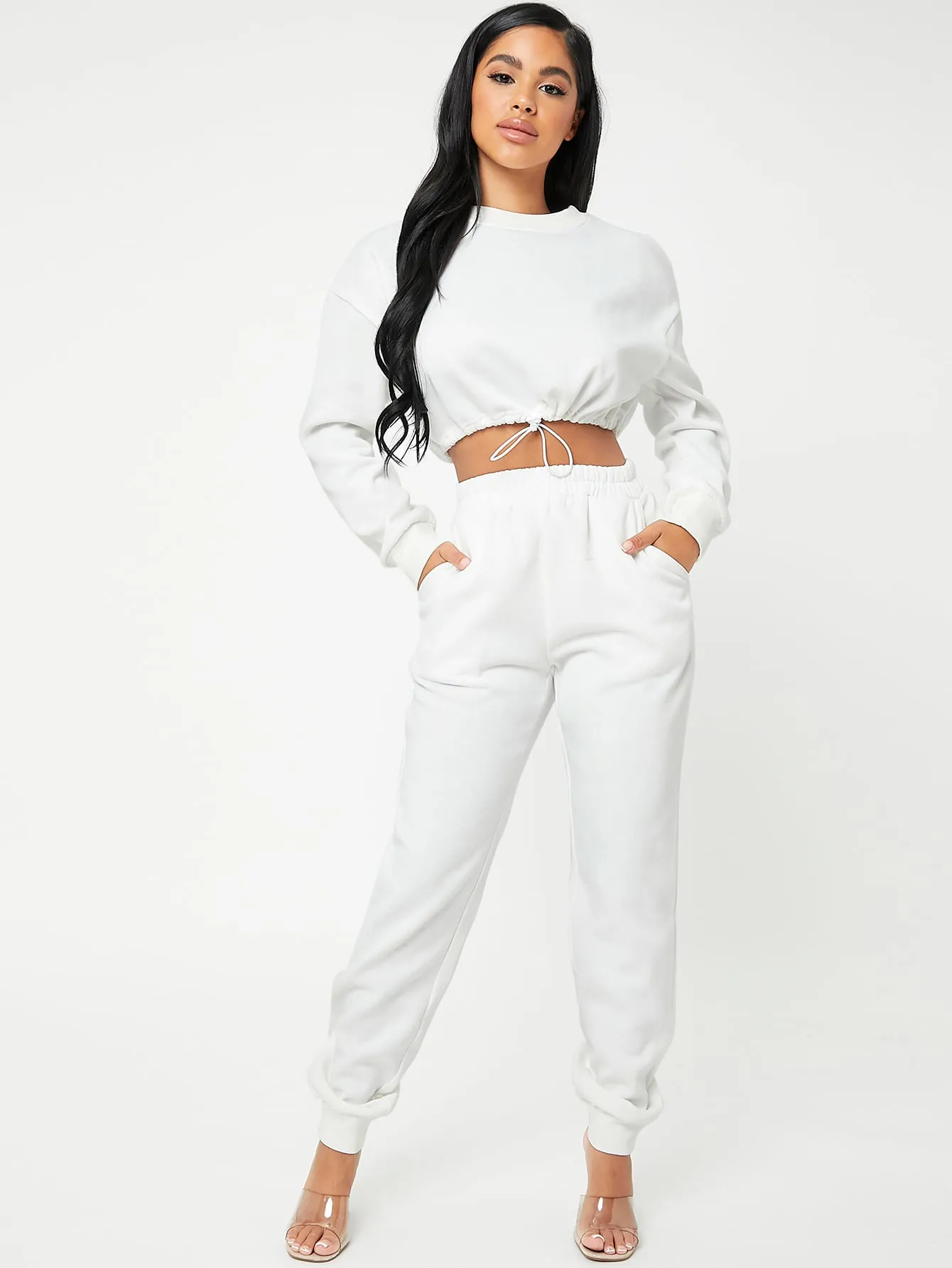 Sporty Plain Pocket Long Sleeve Round Neck Women Two-Piece Outfits