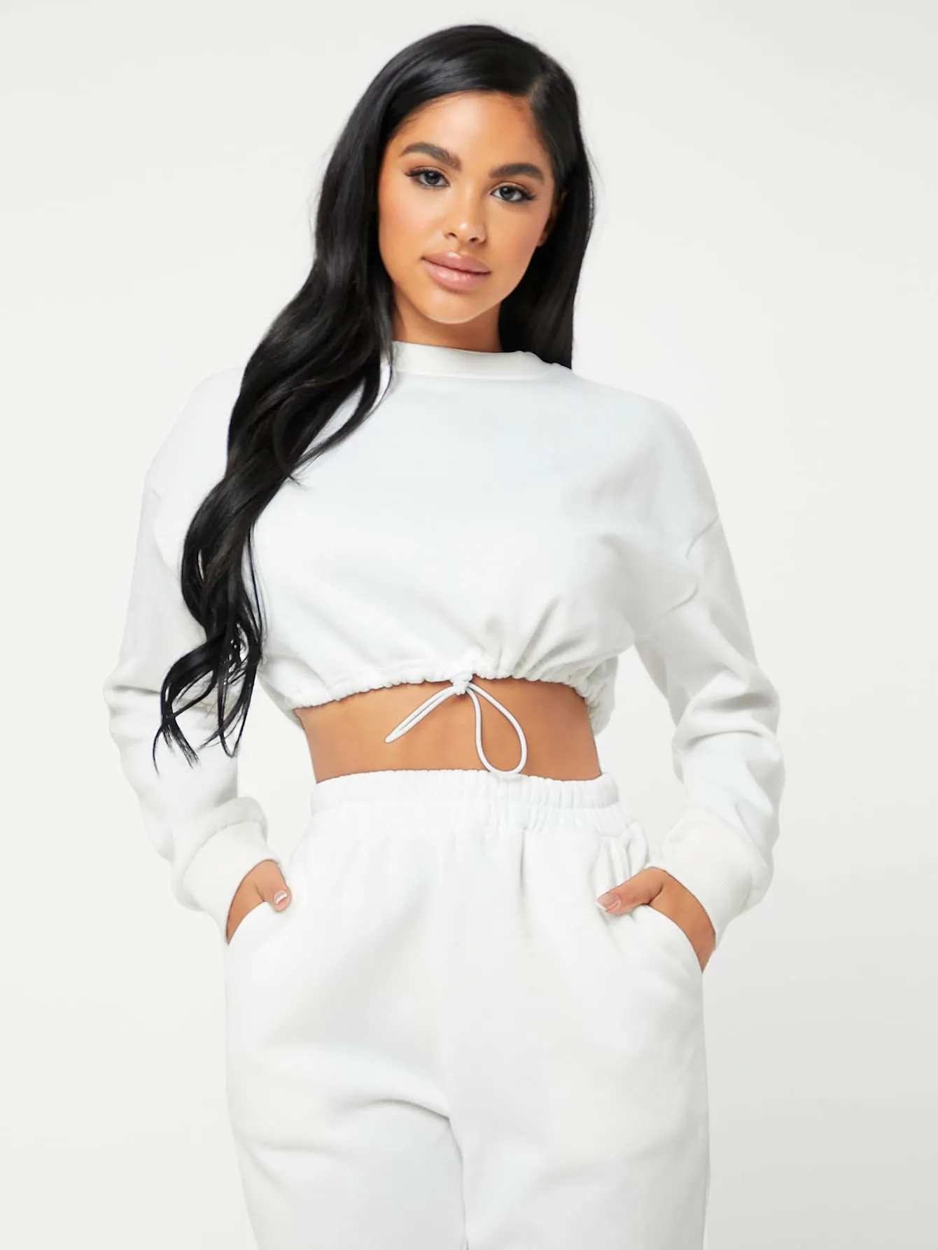 Sporty Plain Pocket Long Sleeve Round Neck Women Two-Piece Outfits