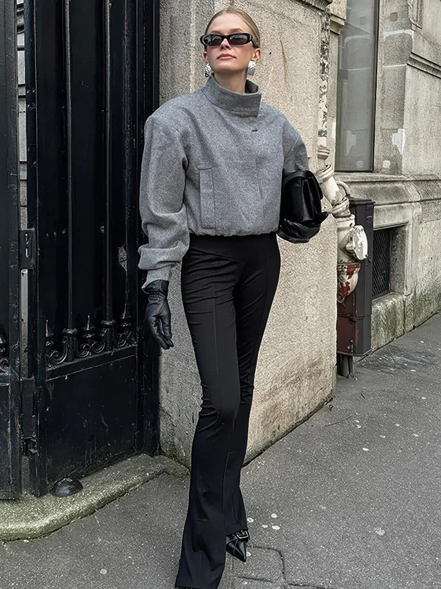 Stylish gray coat with mock collar for women