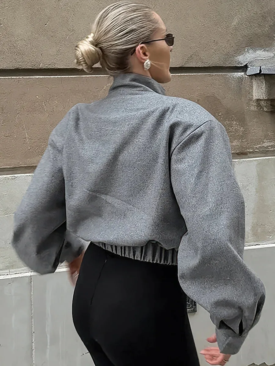 Stylish gray coat with mock collar for women